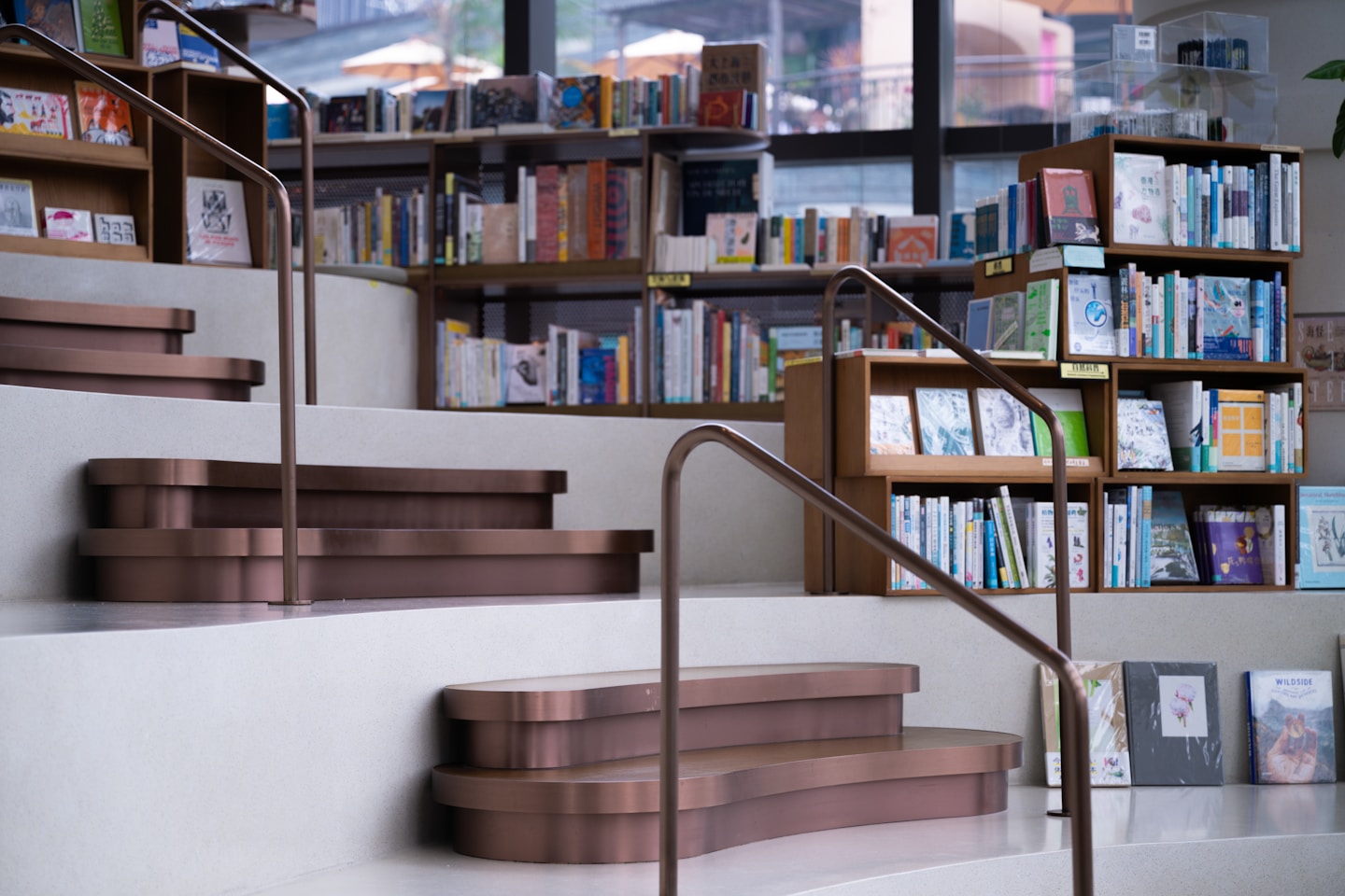 Bookstore corner with metal steps